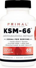 Primal KSM-66 Ashwagandha Complex (60 Capsules / 60 Servings, 600 mg Per Serving) - KSM-66 Ashwagandha with Black Pepper Extract, Gluten Free, Non-GMO