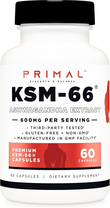 Primal KSM-66 Ashwagandha Complex (60 Capsules / 60 Servings, 600 mg Per Serving) - KSM-66 Ashwagandha with Black Pepper Extract, Gluten Free, Non-GMO