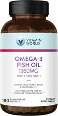 Vitamin World Triple Strength Omega 3 Fish Oil 1360 mg Supplement, 950 mg Active Omega-3 Fatty Acids with EPA & DHA, Supports Heart, Brain & Joint Health, Gluten Free, 180 Softgels, 6 Months Supply