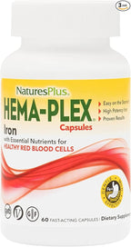 NaturesPlus Hema-Plex Iron - 60 Fast-Acting Capsules - 3 Pack - 85 mg Chelated Iron + Vitamin C & Bioflavonoids for Healthy Red Blood Cells - Vegan, Gluten Free - 90 Total Servings