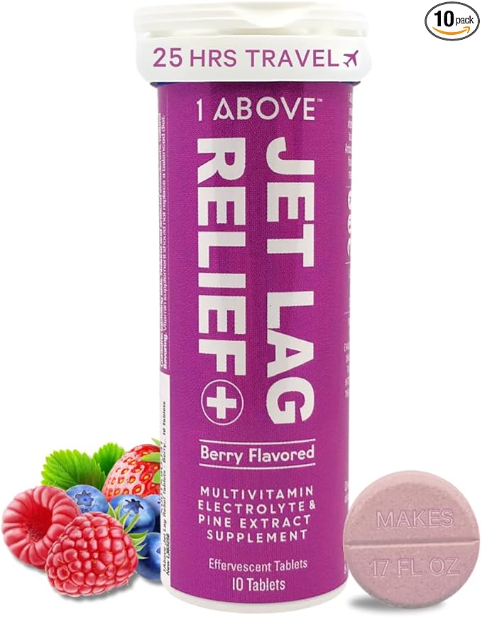 1Above Jet Lag Relief Tablets - Berry-Flavored Effervescent Multivitamin with Pycnogenol Travel Supplement for Hydration, Energy, Immune Support and Faster Recovery - Flight Essential, 10 Tablets