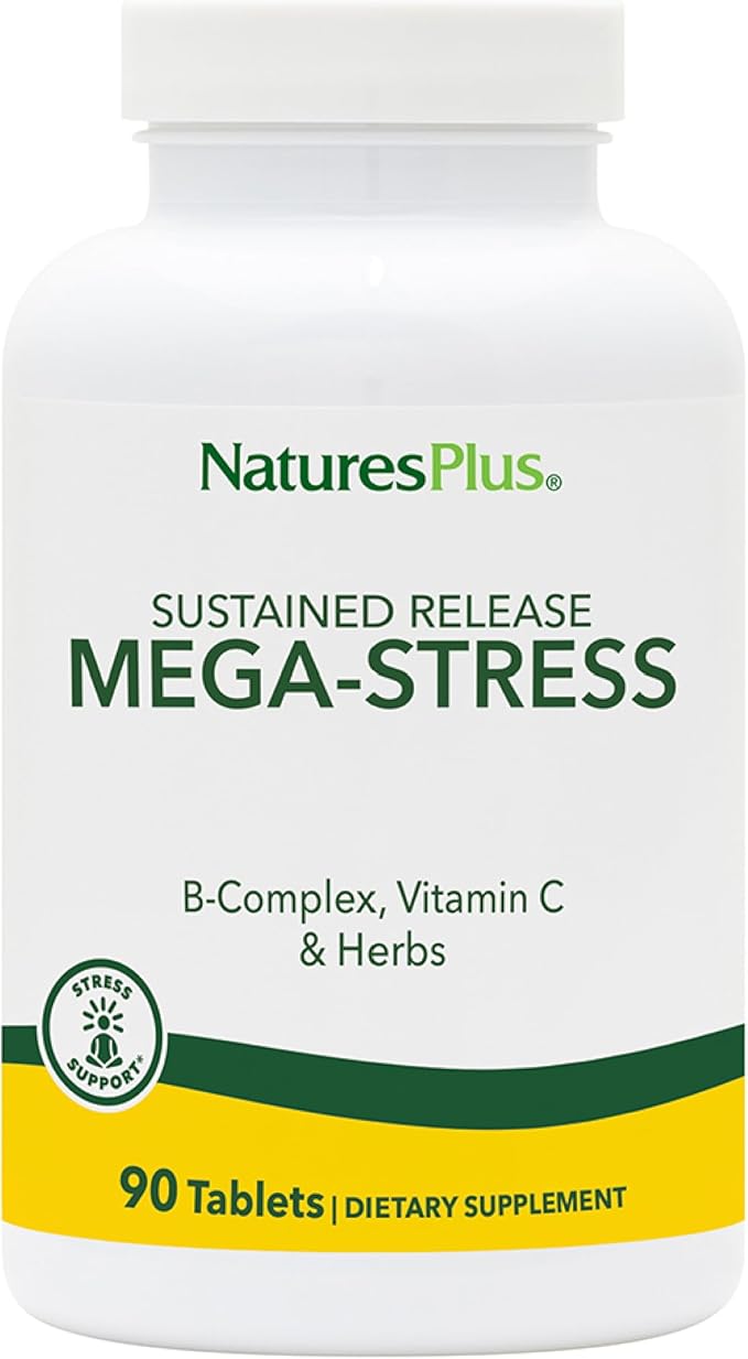 NaturesPlus Mega-Stress Complex, Sustained Release - 90 Vegetarian Tablets - B Complex, Vitamin C Stress Relief Supplement, Chamomile & Herbs for Natural Calm - Gluten-Free - 90 Servings