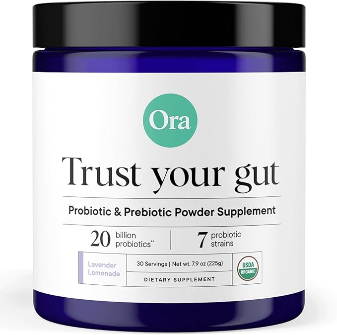 Ora Organic Prebiotic and Probiotic Powder Supplement - 20 Billion Probiotics, 7 Strains for Best Prebiotic Powder, Non-GMO, Probiotics for Women, Men & Kids - Lavender Lemonade Flavor, 30 Servings