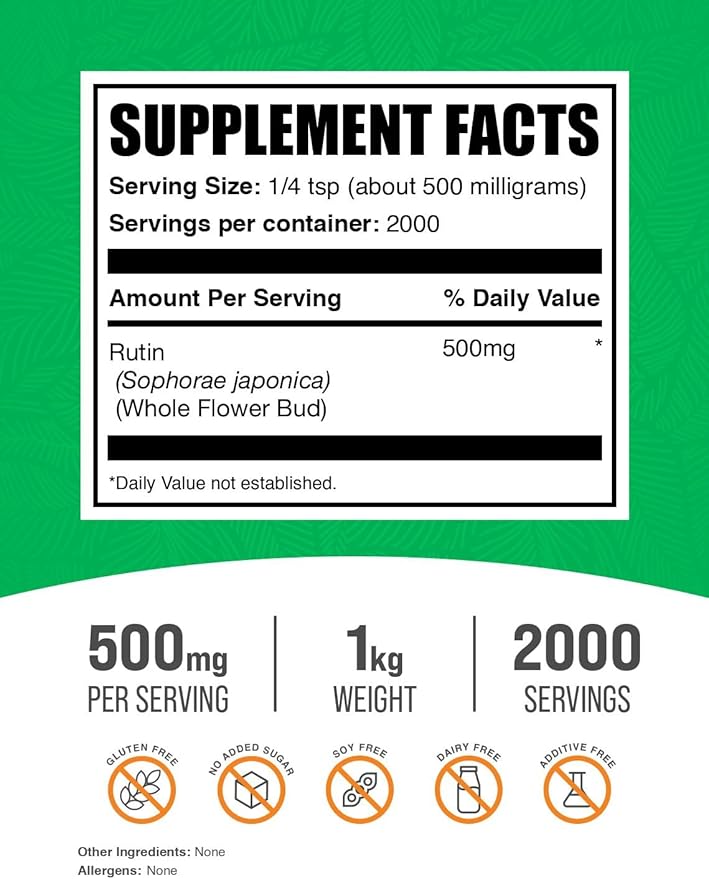 BulkSupplements.com Rutin Powder - from Saphora Japonica, Rutin Supplement, Rutin 500mg - Antioxidants Supplement, Circulation Support - Pure & Natural, 500mg per Serving, 1kg (2.2 lbs)