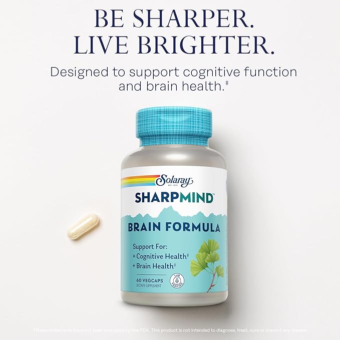 SOLARAY SharpMind Brain Support Formula - Nootropic Brain Supplements - Cognitive and Brain Health Support with Ginkgo Biloba - 60-Day Guarantee, 60 Servings, 60 VegCaps