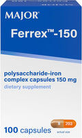 MAJOR Ferrex-150 Polysaccharide-Iron Complex Capsules 150mg Iron Supplement for Women and Men – Gentle on Stomach – 100 Capsules (1 Pack)