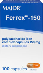 MAJOR Ferrex-150 Polysaccharide-Iron Complex Capsules 150mg Iron Supplement for Women and Men – Gentle on Stomach – 100 Capsules (1 Pack)