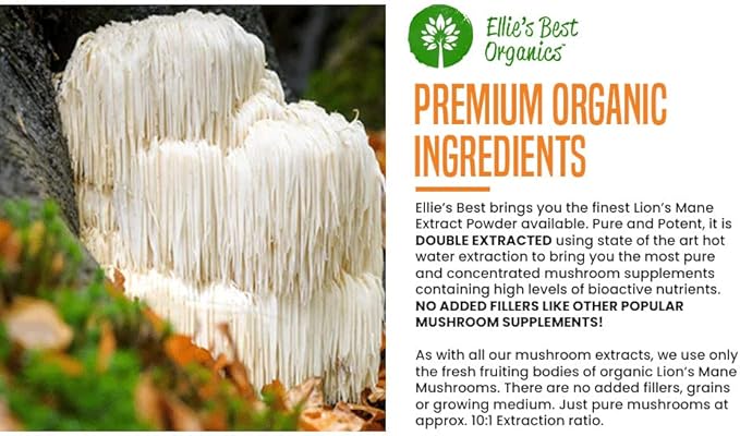 Ellie's Best Lions Mane Organic Mushroom Extract Powder Supplement - Double Extracted for 10X Potency - Pure No Fillers - 16oz - 458 1g Servings…