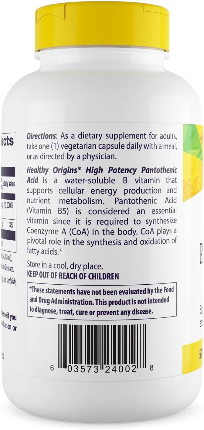 Healthy Origins Premium Vitamin B5 Pantothenic Acid 500 mg Vegan Capsules, High Strength, Energy Boost and Metabolism Support, Tiredness & Fatigue, Acne Supplement for Skin Care, White, 240 Count