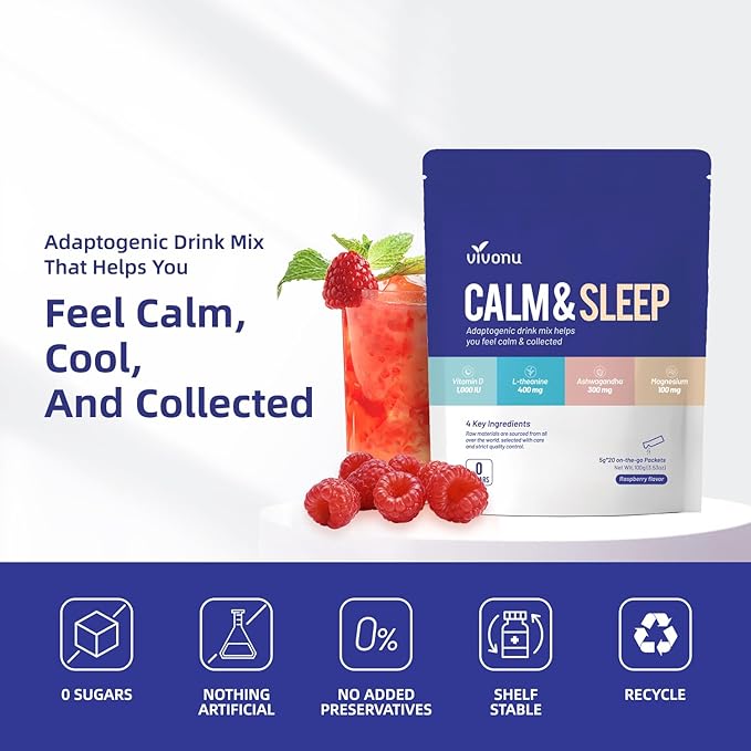 VivoNu Calm & Sleep Powdered Drink Mix Raspberry L Theanine Ksm-66 Ashwagandha Magnesium Glycinate Vitamin D 3 Supplements for Relaxation & Focus (VSC_M7)
