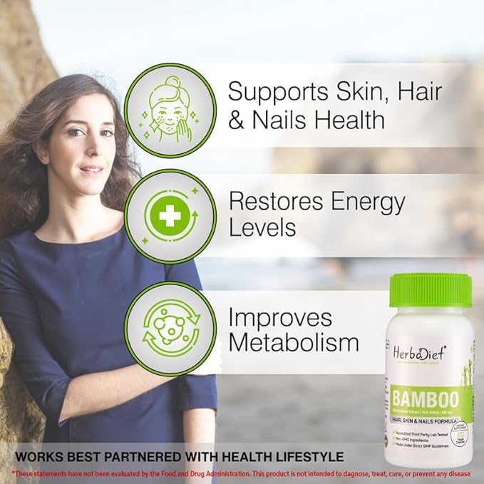 Herbadiet Bamboo Extract Capsules | Supports Healthy Skin, Hair & Nails | Natural Hair Supplement with 70% Silica (120 Capsules)