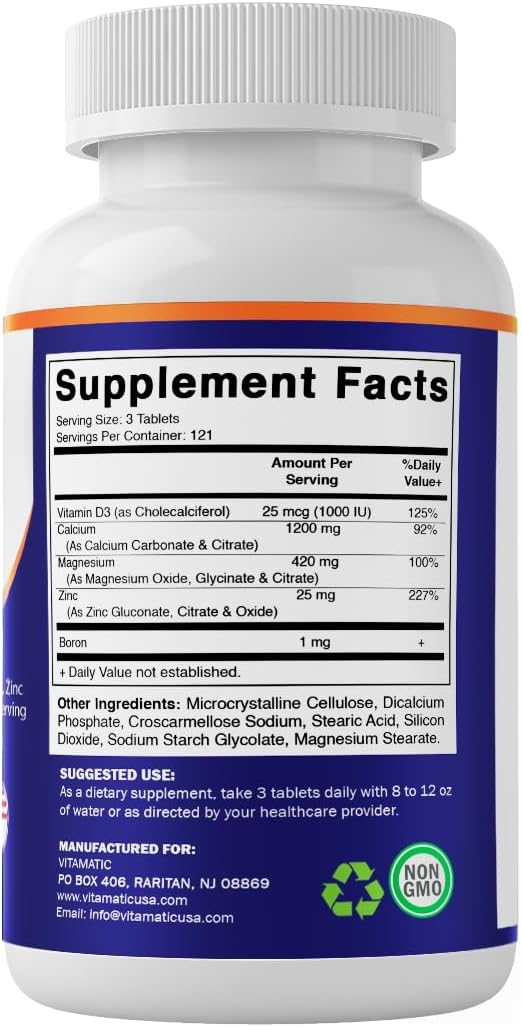 Vitamatic Calcium Magnesium Zinc D3 Boron | 365 Coated Tablets Supplement | Calcium 1200 mg, Magnesium 420mg, Zinc 25mg, Vitamin D3 1000 IU, Boron 1 mg | Non-GMO | Gluten Free | Made in USA