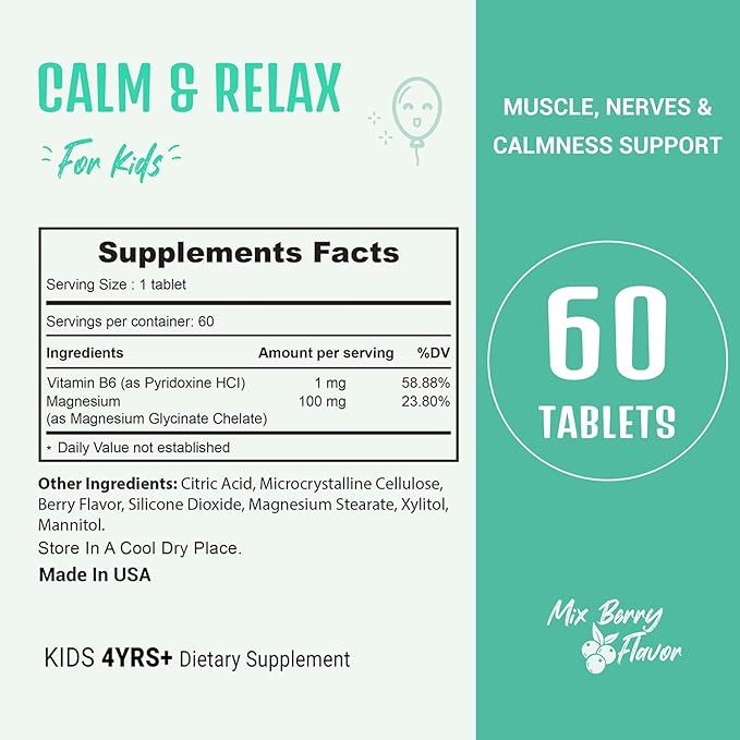 Heivy Kids Calming Supplement, Contains Magnesium Glycinate & Vitamin B6, Support Calm & Relax, Calm Mind and Body, Berry Flavor for Age 4+ (60 Servings), Vegan, Gluten-Free, Made in USA
