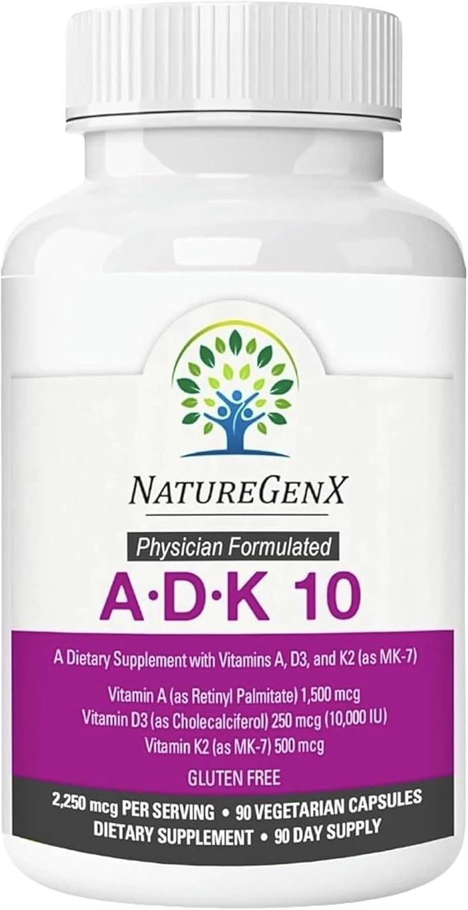 ADK10 – Vitamins A, D3 250 mcg & K2 MK-7 for Bone, Heart & Immune Health – Non-GMO, Gluten-Free, Soy-Free – 90 Capsules (3-Month Supply)