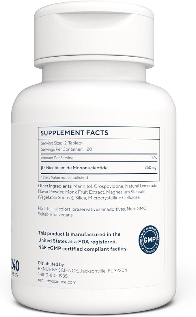 Renue By Science NMN Supplement | 240 Chewable Vegetarian Tablets - 250mg Nicotinamide Mononucleotide per Serving | Lemon Flavour - Manufactured in the USA Third-Party Tested