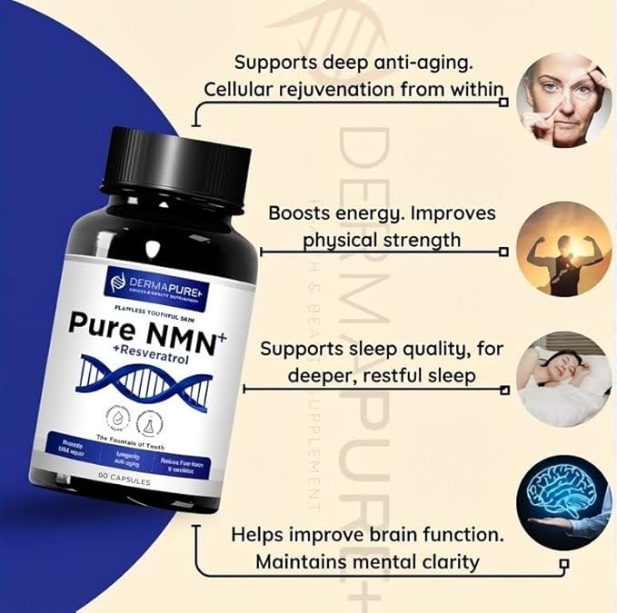 DermaPure+ NMN+ Supplement 4-in-1 – Support Youthful Skin, Longevity Anti-Aging, Reduces Fine Lines & Wrinkles, Supports NAD+ Levels, GMP Certified & FDA Registered – 60 Capsules (2 Packs)
