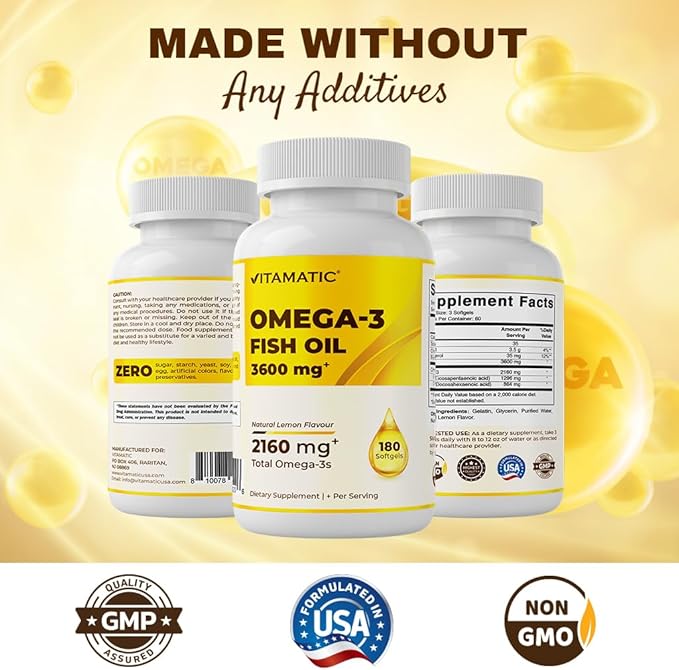 Vitamatic Triple Strength Omega 3 Fish Oil 3600mg Per Serving, 2160mg Omega 3 Fatty Acids, 1296mg EPA + 864mg DHA, Burpless Lemon Flavor, 180 Softgels (Pack of 2)