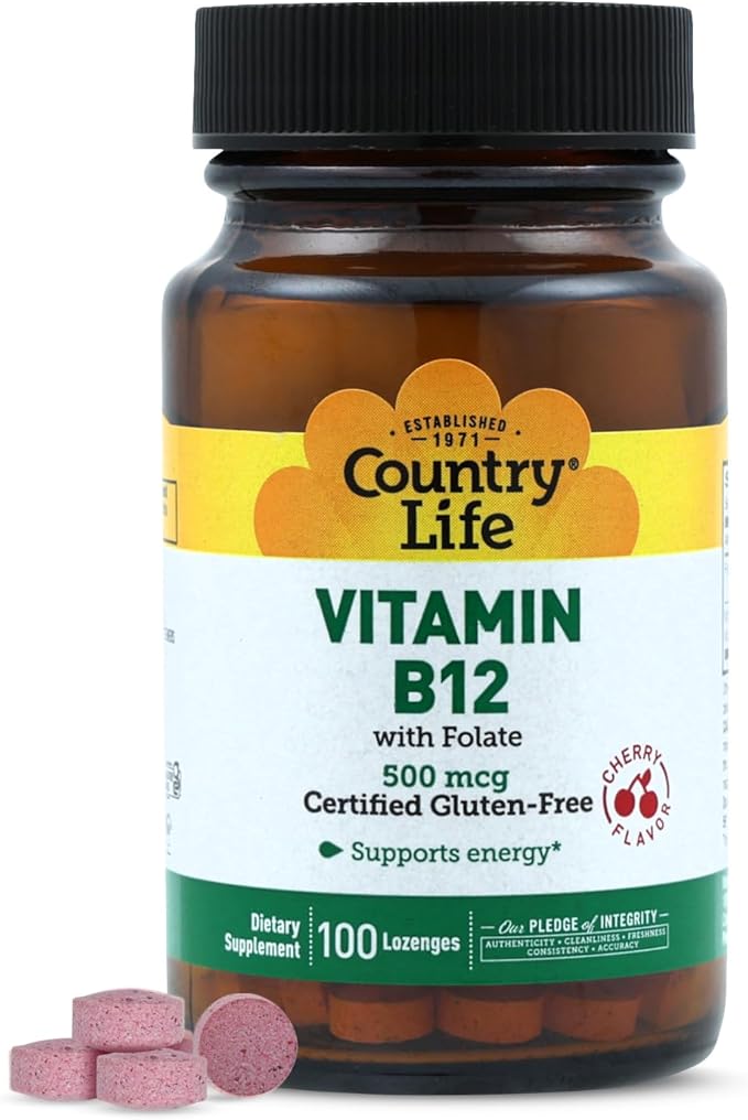 Country Life Vitamin B12 with Folate, Supports Energy & Red Blood Cell Production, 500mcg, 100 Lozenges, Certified Gluten Free, Vegan, Halal, Non-GMO Verified
