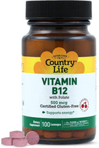 Country Life Vitamin B12 with Folate, Supports Energy & Red Blood Cell Production, 500mcg, 100 Lozenges, Certified Gluten Free, Vegan, Halal, Non-GMO Verified