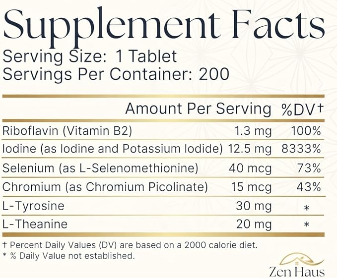 Zen Haus 12.5 mg with Selenium (as Selenomethionine) and More - 200 Tablets - Thyroid Plus Immune Support - High Potency Iodine Tablets - Compare to Lugol's Iodine Pills