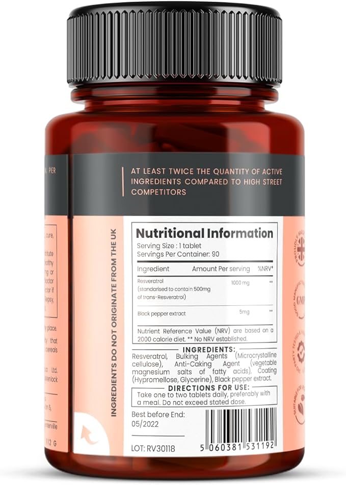 pureclinica Maximum Strength Resveratrol 1000mg x 360 Tablets - (4 Bottles of 90-12 Months Supply). 10 x Strength w/Black Pepper Extract