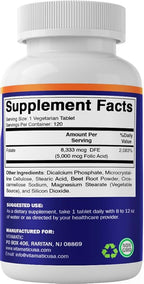 Vitamatic Folic Acid 5mg (5000 mcg) – 120 Vegetarian Tablets per Bottle | Pack of 2 (Total 240 Tablets) Vitamin B9 (Folate) | Supports Heart Health, Brain Function, and Prenatal Wellness