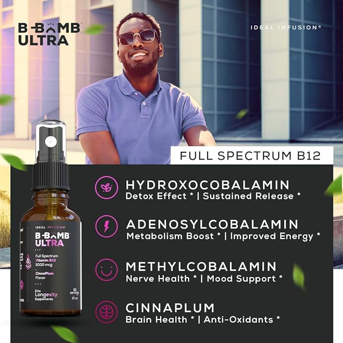 Ideal Infusion B-Bomb Triple B12 Vitamin Liquid Spray: Methylcobalamin, Adenosylcobalamin, Hydroxocobalamin - Nerve Health and Energy Booster- 5000 mcg, Keto, Sugar Free (Organic CinnaPlum)
