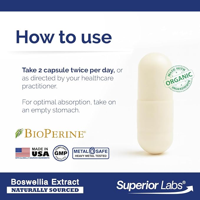 Superior Labs Boswellia Serrata Extract 500mg – 65% Boswellic Acids, Pure Non-GMO, Zero Fillers, Indian Frankincense, Supports Healthy Inflammatory Response & Joint Comfort – 240 Veg Caps