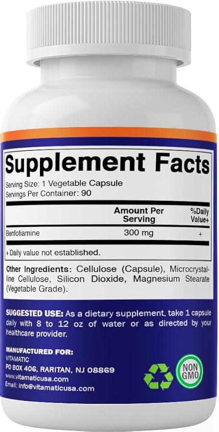 Vitamatic Benfotiamine 300 mg 90 Vegetarian Capsules - Also Called Fat Soluble Vitamin B1 (90 Count (Pack of 1)) (1 Bottle)