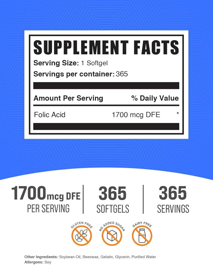 BulkSupplements.com Folic Acid Softgels - Vitamin B9, Folic Acid 1000 mcg, Folate Supplement - Gluten Free, 1 Softgel per Serving, 365 Count (Pack of 1)
