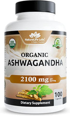 NaturaLife Labs Organic Ashwagandha 2100 mg per Serving – Full Spectrum Root Powder and Standardized Extract (Withanolides) – 100 Capsules – Vegan – Non-GMO, Gluten-Free