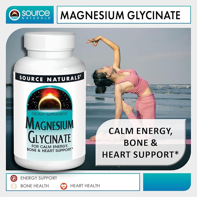 Source Naturals Magnesium Glycinate, Chelated for high Absorption | for Calm Energy, Bone & Heart Support*, 200 mg per Serving - 60 Tablets