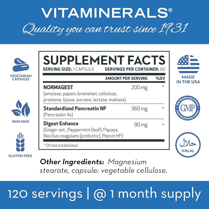 Vitaminerals 61 Normagest | Digestion Support Formula for Protein, Fats & Carbs | Veggie Caps (60 Capsules)