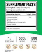BulkSupplements.com Turmeric Extract Powder - from Turmeric Root, Curcumin Supplements, Turmeric Curcumin Powder - Gluten Free, 1g per Serving, 500g (1.1 lbs) (Pack of 1)