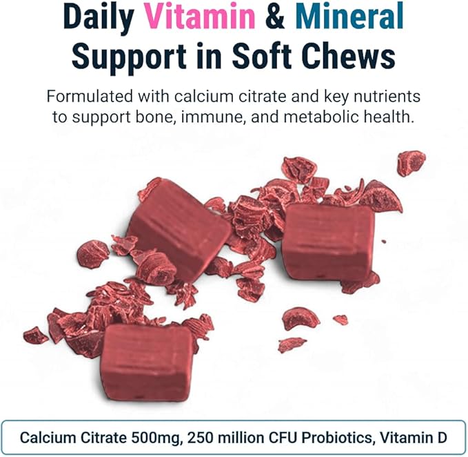 BariatricPal Sugar-Free Calcium Citrate Soft Chews | 500mg with Vitamin D & Probiotics | Tropical Punch | 90 Count (1 Month Supply)