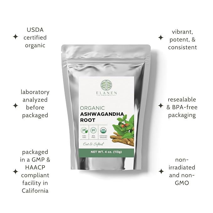 Elanen Naturals Organic Ashwagandha Root 4 oz. (113g), USDA Certified Organic Ashwagandha Root Loose Leaf Tea, Dried Withania somnifera, Cut & Sifted