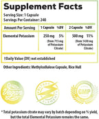 Potassium Citrate 1430mg - Heart & Kidney Health, Electrolyte Balance, Nerve Function - Elemental Potassium 500mg (240 Capsules) Vegan