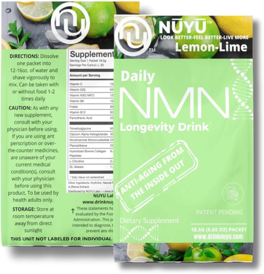 NUYU Labs Daily NMN Longevity Drink, All-in-One Anti-Aging Supplement with Pterostilbene, TMG, Calcium AKG, Collagen Peptides, B Complex, Vitamins B, C, D3, K2-MK7 (Lemon-Lime)