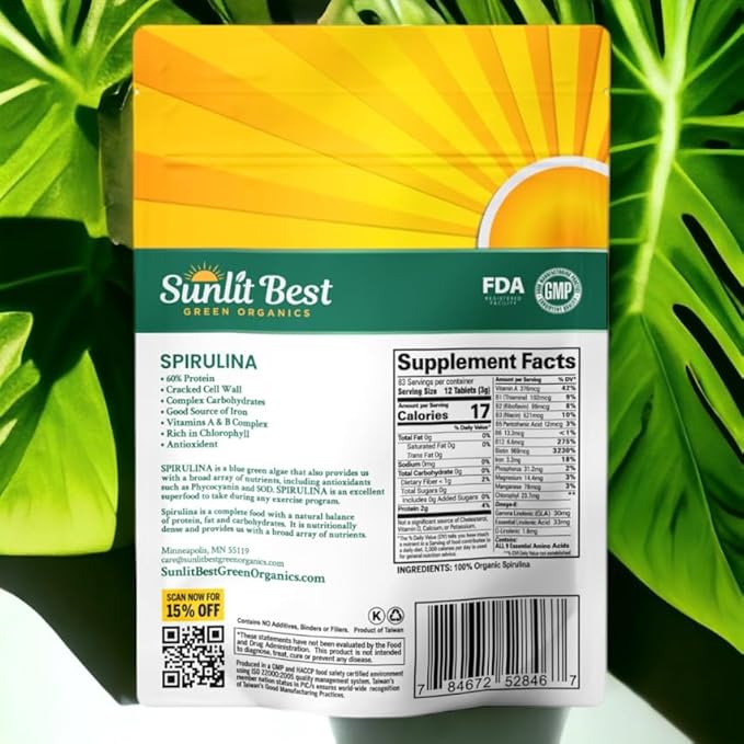 Sunlit Best Spirulina Tablets - Organic Spirulina Tablets USDA Premium 1000 Count - Natural Spirulinas Organic Burst for Immune Support Antioxidants, Energy Boost w/Chlorophyll - High Protein, Non GMO