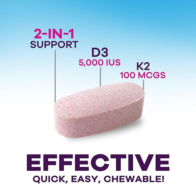 Vitamin D3 K2 - 5000 iu Vitamin D3 & 100 mcg Vitamin K2 (MK-7) per Serving - Calcium Absorption, Bone & Heart Health Support - Berry Chewable, Gluten Free, Non-GMO, Bottled in USA - 120 Tablets