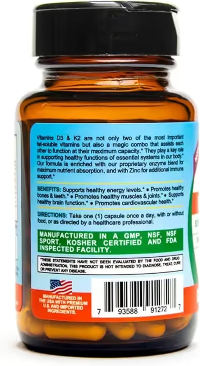 Life Infused Vitamin D3 + K2 Supplement with Zinc & Enzymes — 3000 IU D3, MK-7 K2, Immune & Bone Support, Enhanced Absorption, Non-GMO Vegan Capsules, 90 Count