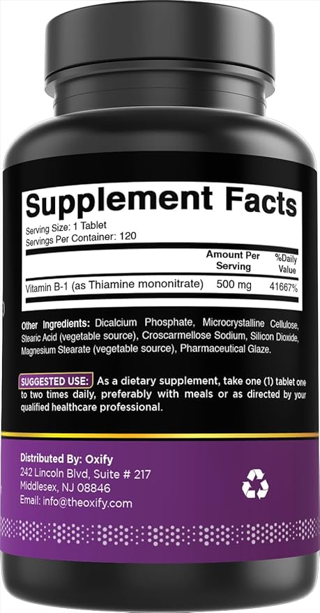Oxify Vitamin B1 (Thiamine) 500 mg | 120 Tablets | Gluten-Free, Non-GMO | Supplement Made in USA
