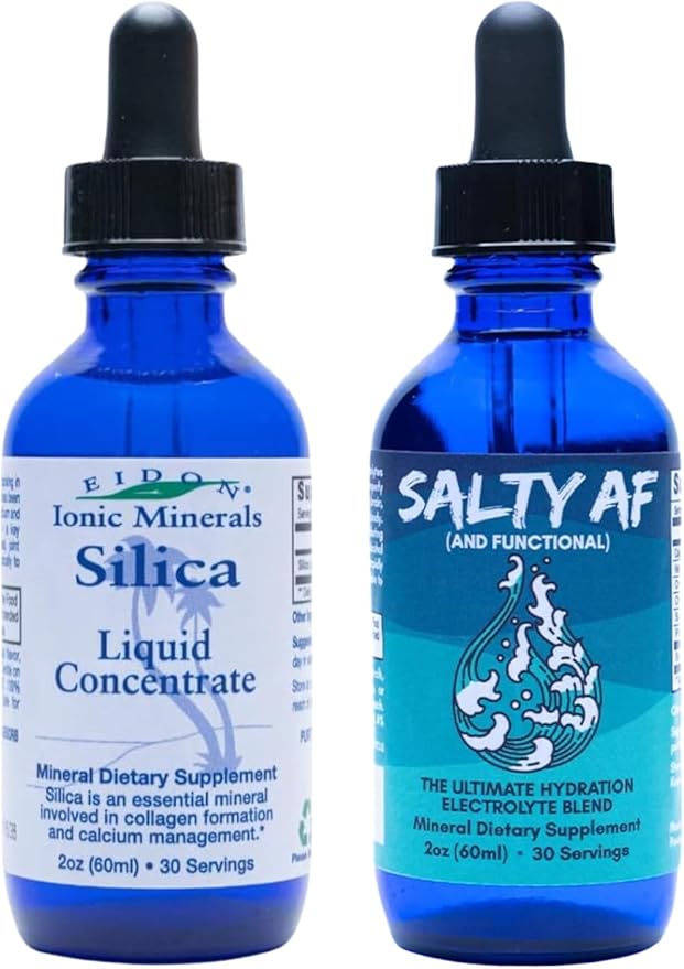 Eidon Liquid Silica Mineral Concentrate and Salty AF Electrolyte Drink Mix - Silica Supplement for Hair, Skin and Nails, Unsweetened Liquid Electrolyte Drops for Water, No Added Sugar, Non GMO