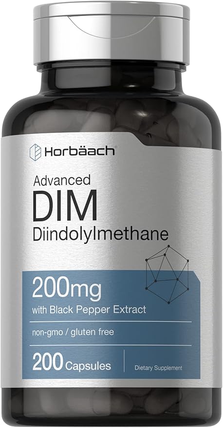 Horbäach DIM Supplement | 200mg | 200 Capsules | Diindolylmethane with Black Pepper Extract | Non-GMO, Gluten Free Formula