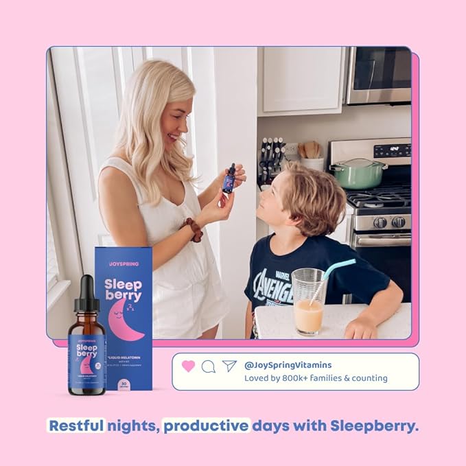 JoySpring SleepBerry - Kids Melatonin Liquid - 3MG Melatonin with D3 and Elderberry - Sugar-Free Liquid for Kids & Teens – Gentle Natural Sleep Support Formula (4 fl oz)