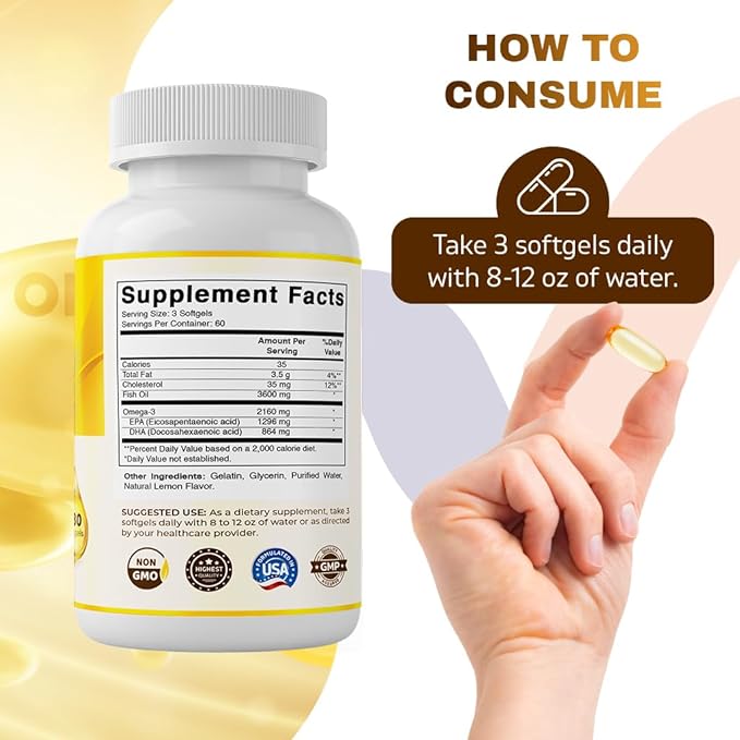 Vitamatic Triple Strength Omega 3 Fish Oil 3600mg Per Serving, 2160mg Omega 3 Fatty Acids, 1296mg EPA + 864mg DHA, Burpless Lemon Flavor, 180 Softgels (Pack of 2)