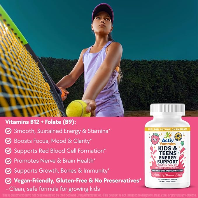 Kids & Teens Energy Support with Vitamin B12 + Folate (B9) - Supports Energy Production, Brain Function & Metabolism - Gluten Free - Raspberry Flavor - Soft Chew 60 Gummies (60 Servings)