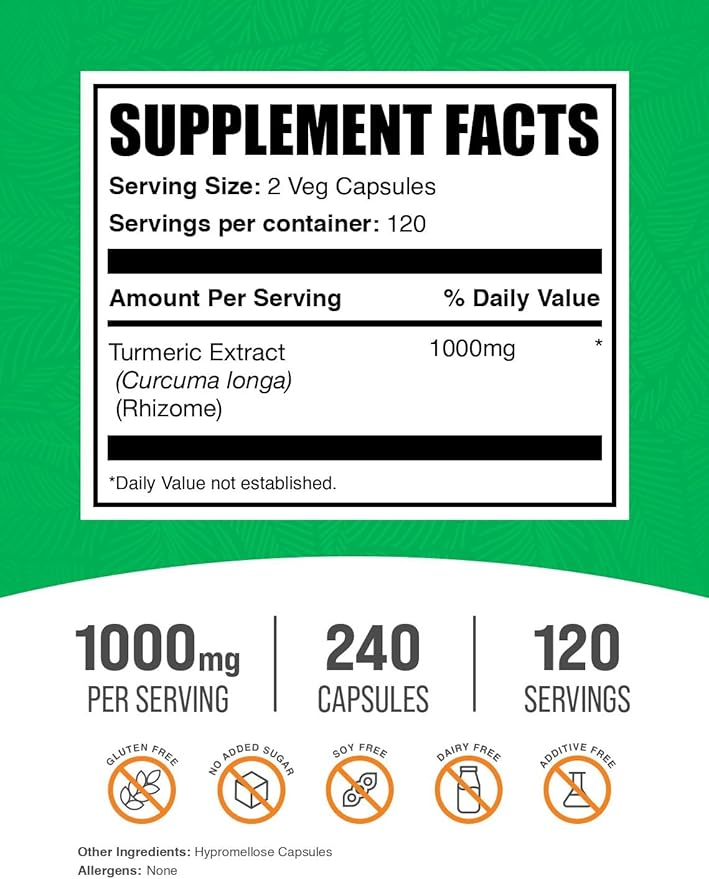 BulkSupplements.com Turmeric Extract Capsules - Turmeric Supplement, Turmeric Curcumin Supplement 1000mg - Gluten Free, 240 Veg Capsules (Pack of 1)