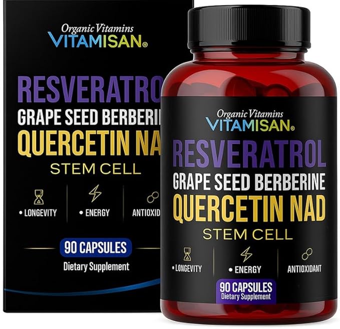 VITAMISAN Resveratrol NAD+ Quercetin Berberine & Grape Seed – Antioxidant Energy Formula – 2 Bottles (180 Capsules) Stem Cell Suplement NMN Nicotinamide Riboside – Made in USA