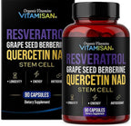 VITAMISAN Resveratrol NAD+ Quercetin Berberine & Grape Seed – Antioxidant Energy Formula – 2 Bottles (180 Capsules) Stem Cell Suplement NMN Nicotinamide Riboside – Made in USA